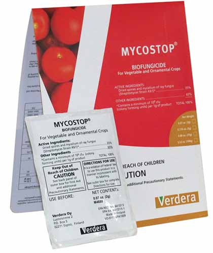 包装的近距离Mycostop Biofungicide孤立在白色背景。